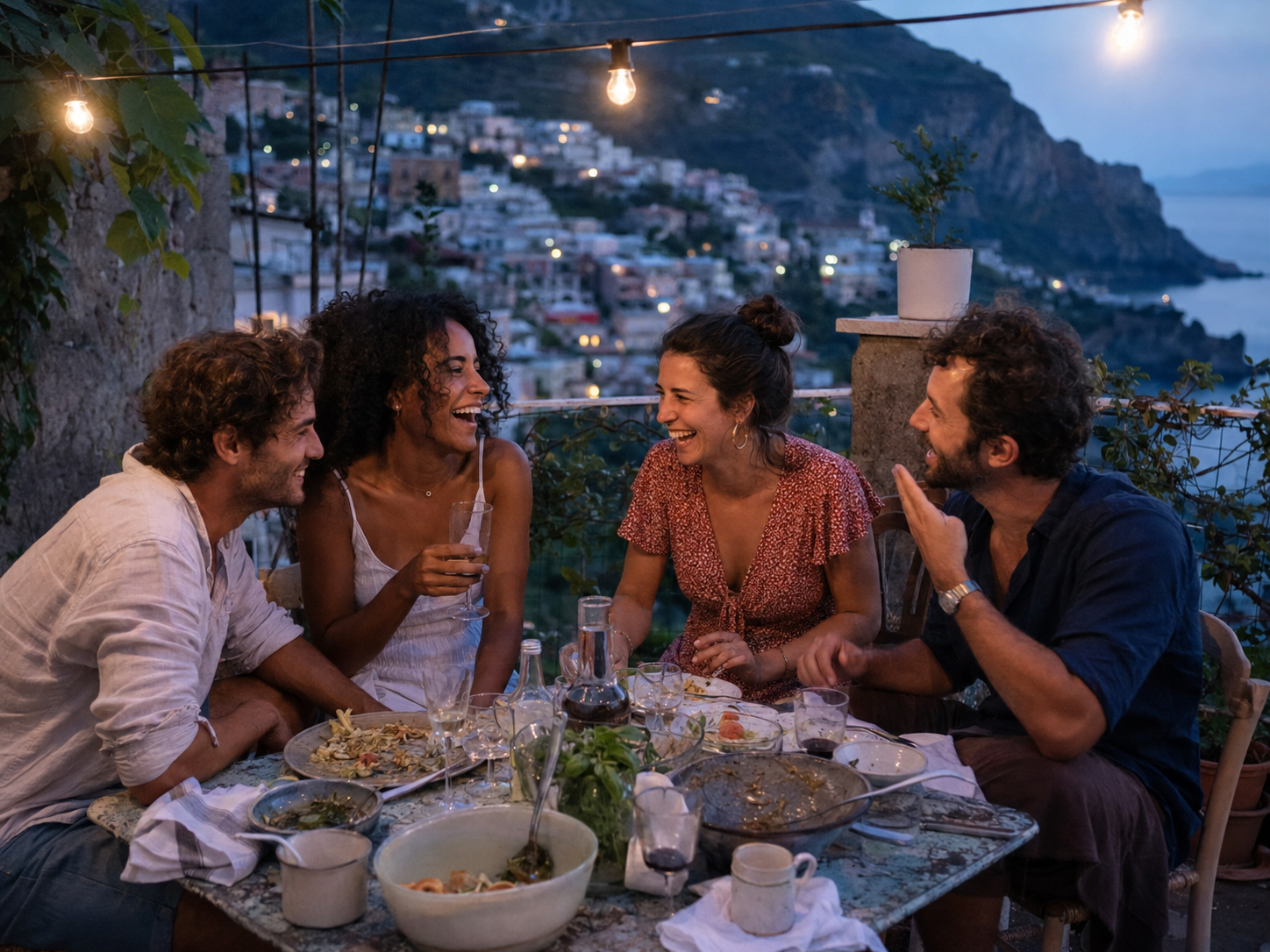 Friends laughing around a long dinner table at dusk