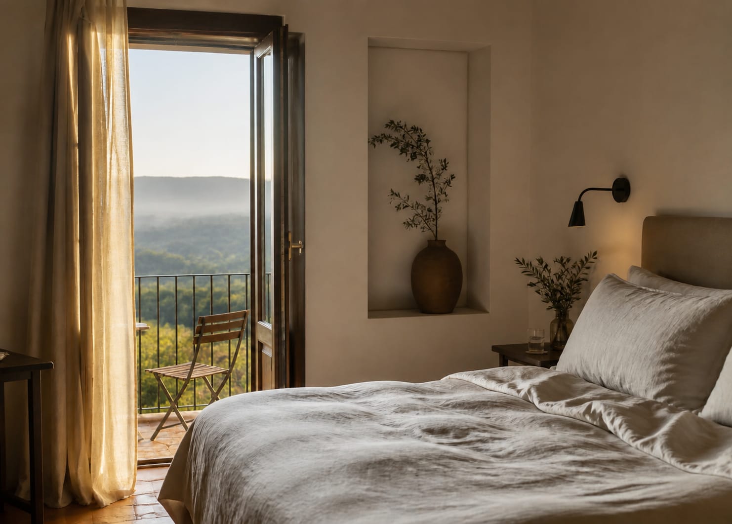 Morning light through a balcony door in a quiet room